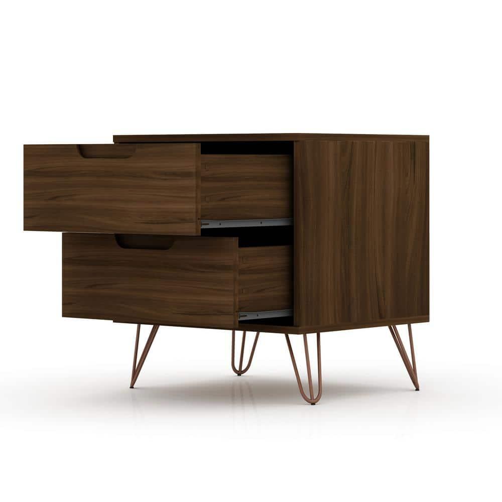 Set of 2 Rockefeller 2 Drawer Nightstands Brown - Manhattan Comfort: Mid-Century Design, Metal Legs, MDF Construction