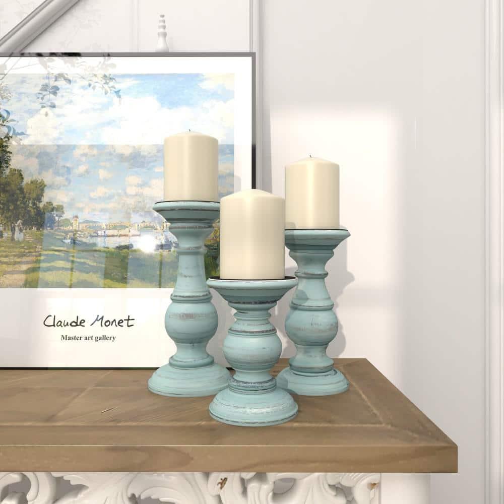 DecMode Traditional and Timeless Mango Wood Pillar Candle Holder Set of 3, 6", 8", 10"H, Light Blue Finish