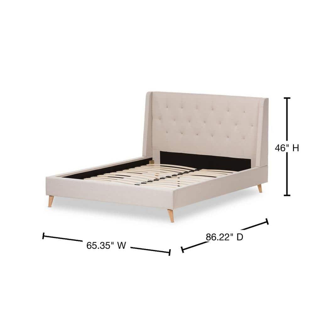 Baxton Studio Queen Adelaide Retro Modern Fabric Upholstered Platform Bed Light Beige: No Box Spring Needed, Polyester Fill