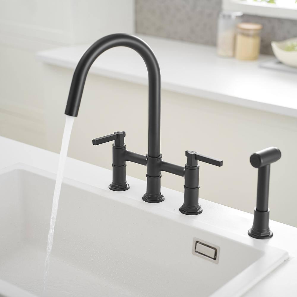 Double Handle Bridge Kitchen Faucet with Side Sprayer in Matte Black