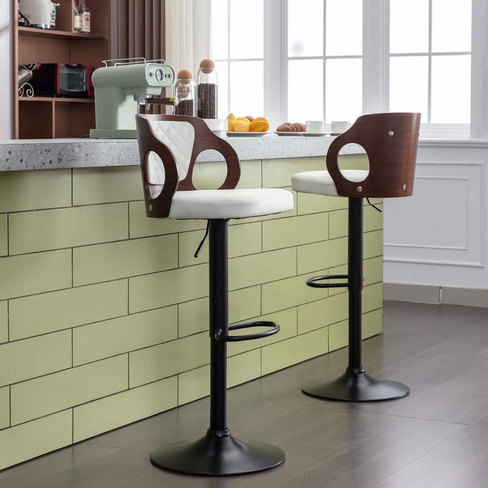 ECOTOUGE Swivel Bar Stools Set of 2, Height Adjustable Island Stools with Bentwood Back, Faux Leather Counter Height Bar Stools for Kitchen, Pub and Cafe, White
