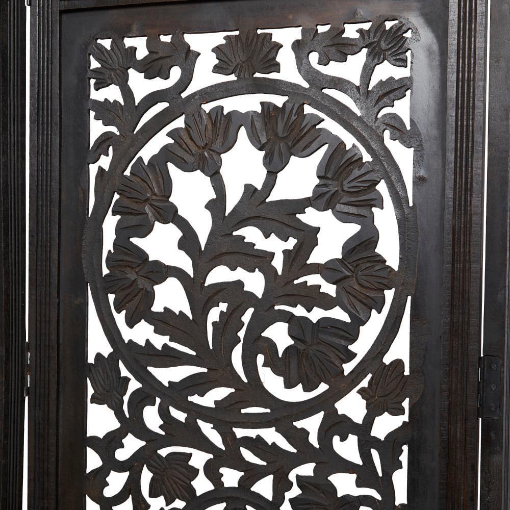 DecMode 80" x 72" Black Wood Floral Handmade Hinged Foldable Partition 4 Panel Room Divider Screen with Intricately Carved Designs, 1-Piece