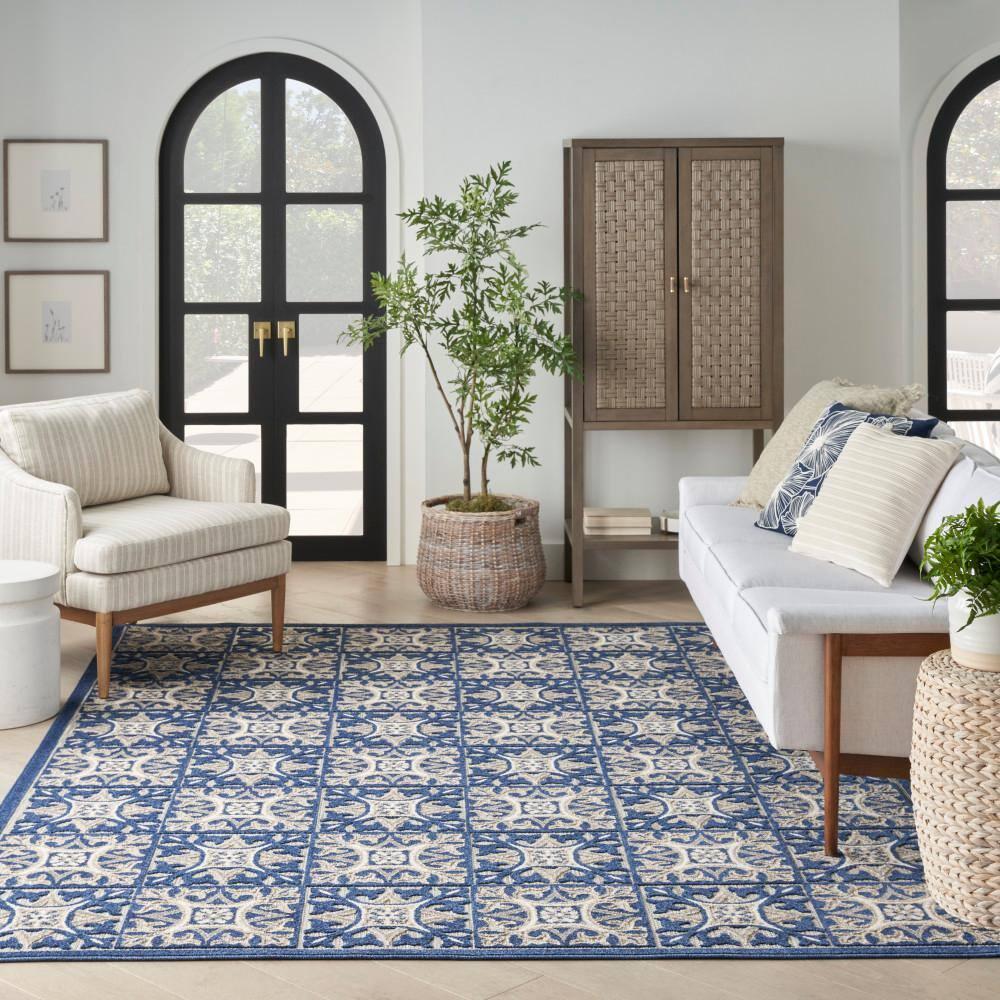 Nourison Aloha Modern Mosaic Flatweave High-Low Indoor Outdoor Area Rug Blue 6' x 9'
