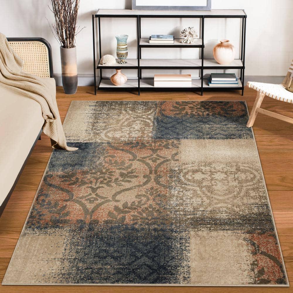 Superior Bristol 8' x 10' Indoor Area Rug, Damask Rugs for Living Room Bedroom, Midnight Navy-Salmon