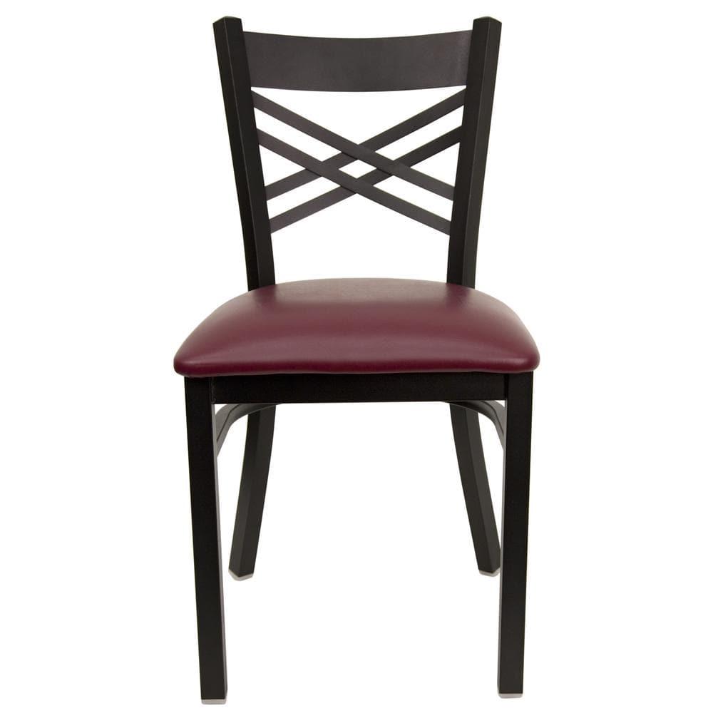 TiaGOC 2 Pack HERCULES Series Black ''X'' Back Metal Restaurant Chair - Burgundy Vinyl Seat