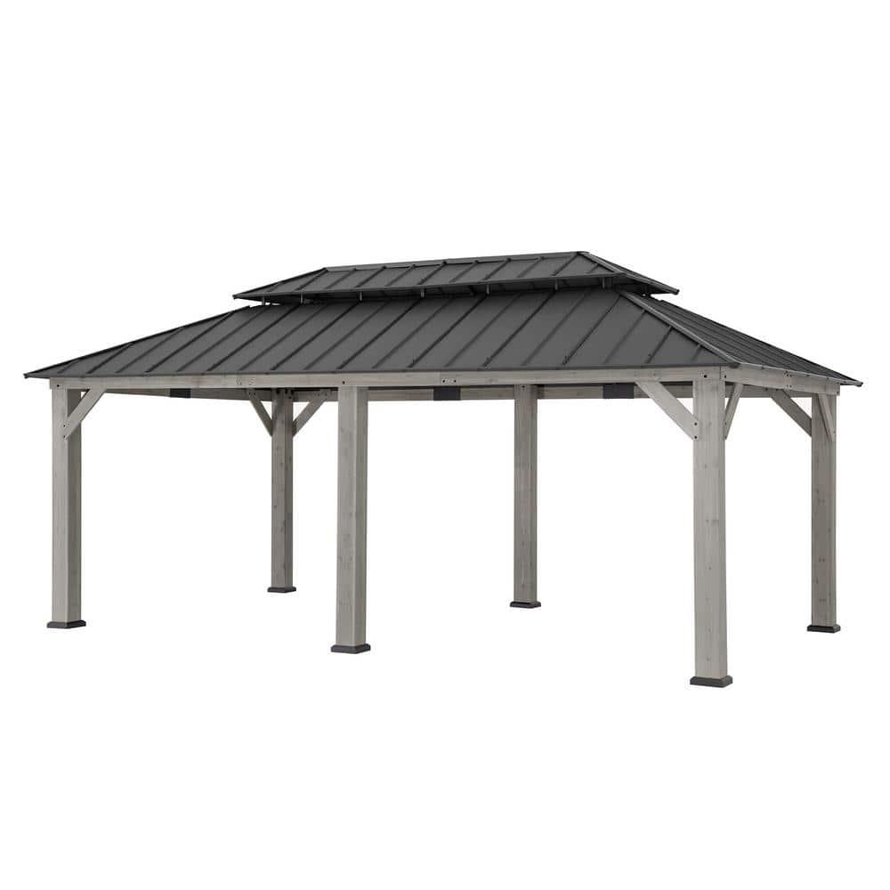 Sunjoy Sunjoy 12x20 ft. Wood Gazebo, Outdoor Patio Steel Hardtop Gazebo with 2-tier Metal Roof, Suitable for Patios, Lawn and Backyard, Matte Black Roof
