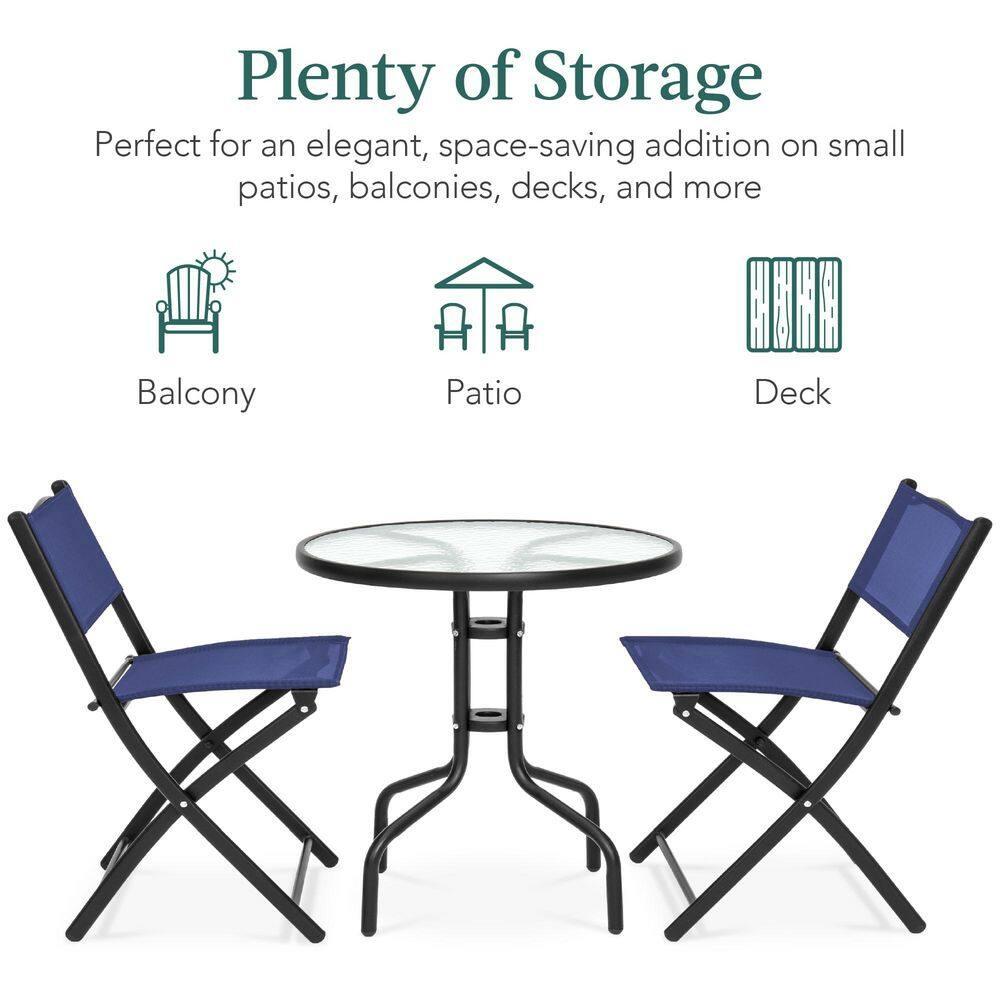 George Oliver 3-Piece Patio Bistro Dining Furniture Set W/ Glass Tabletop, Folding Chairs