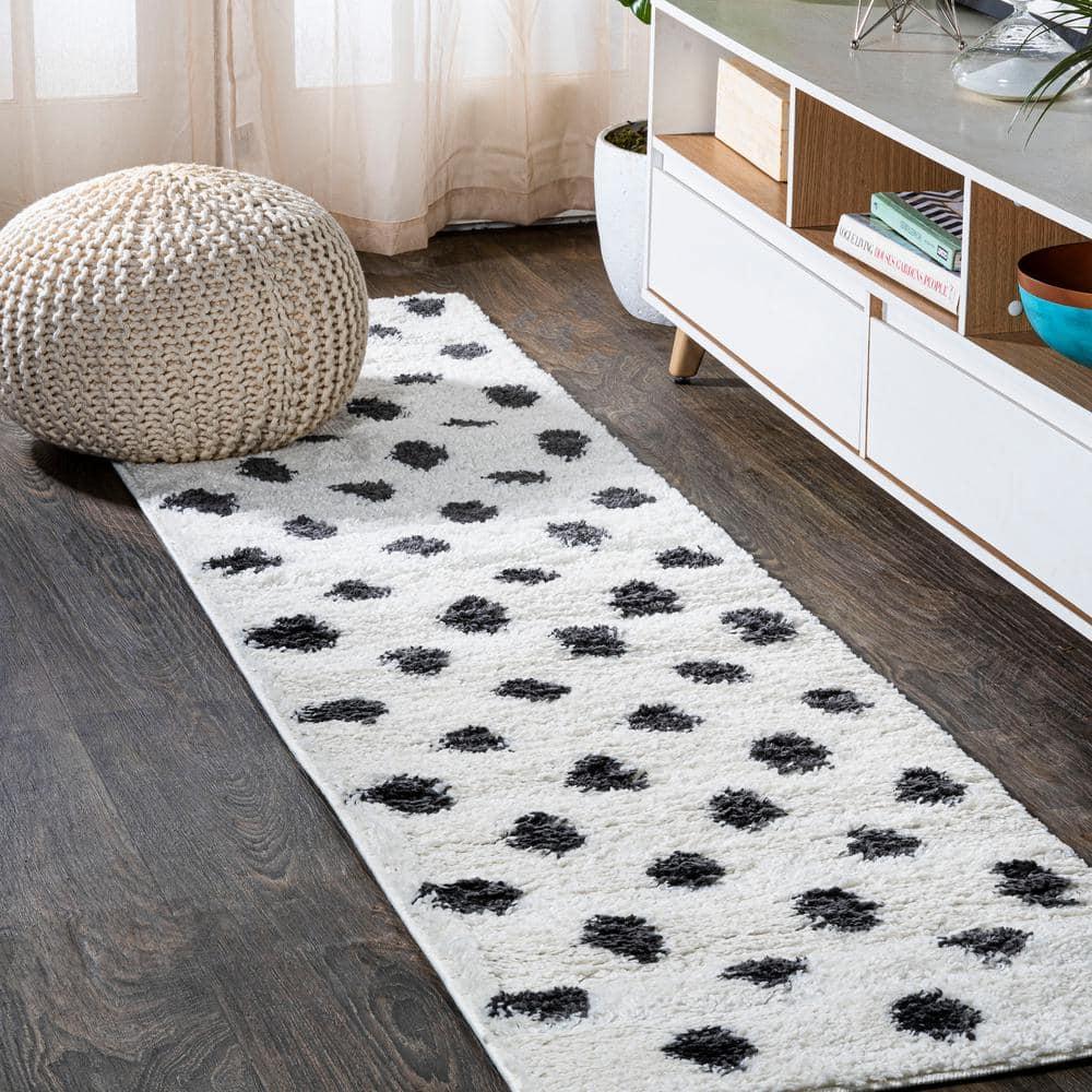 2'x10' Pere Modern Charcoal Dot Shag Runner Rug, White - JONATHAN Y
