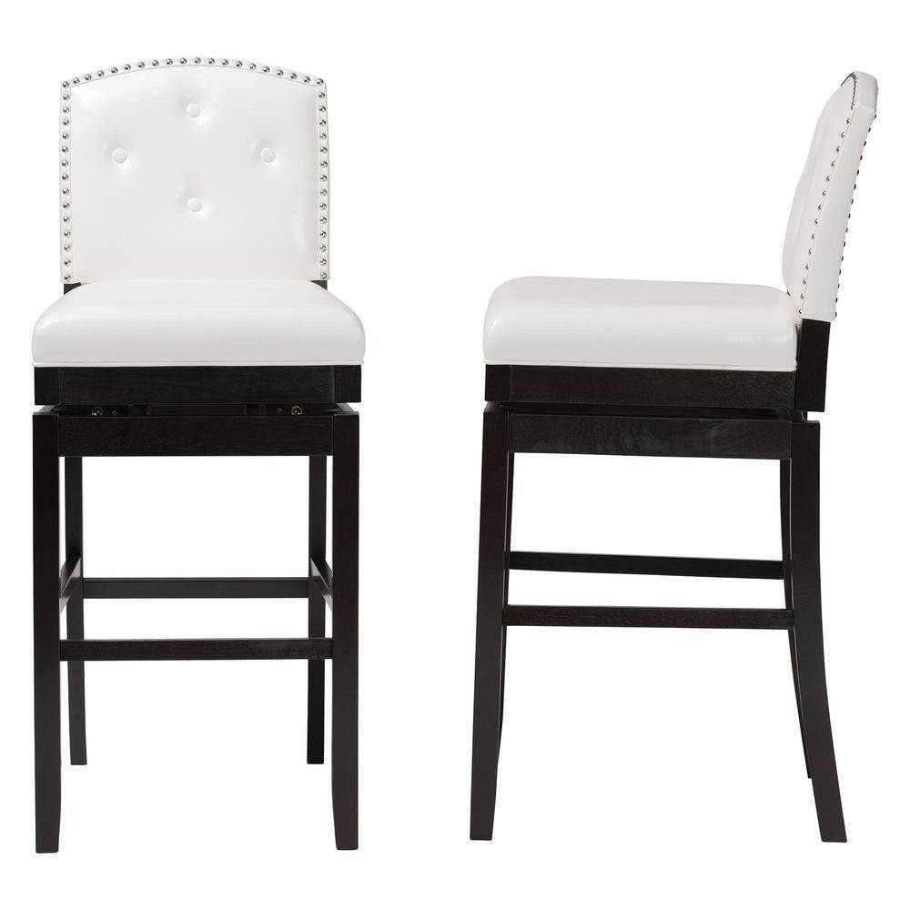 Set of 2 Ginaro Faux Leather Button Tufted Upholstered Swivel Barstools White - Baxton Studio: Nailhead Trim, Rubberwood Frame