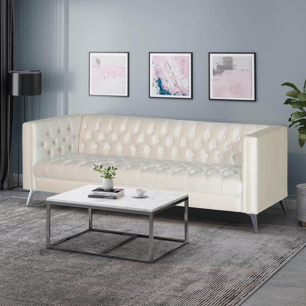 Noble House Camden Tufted Velvet Sofa, Beige, Silver