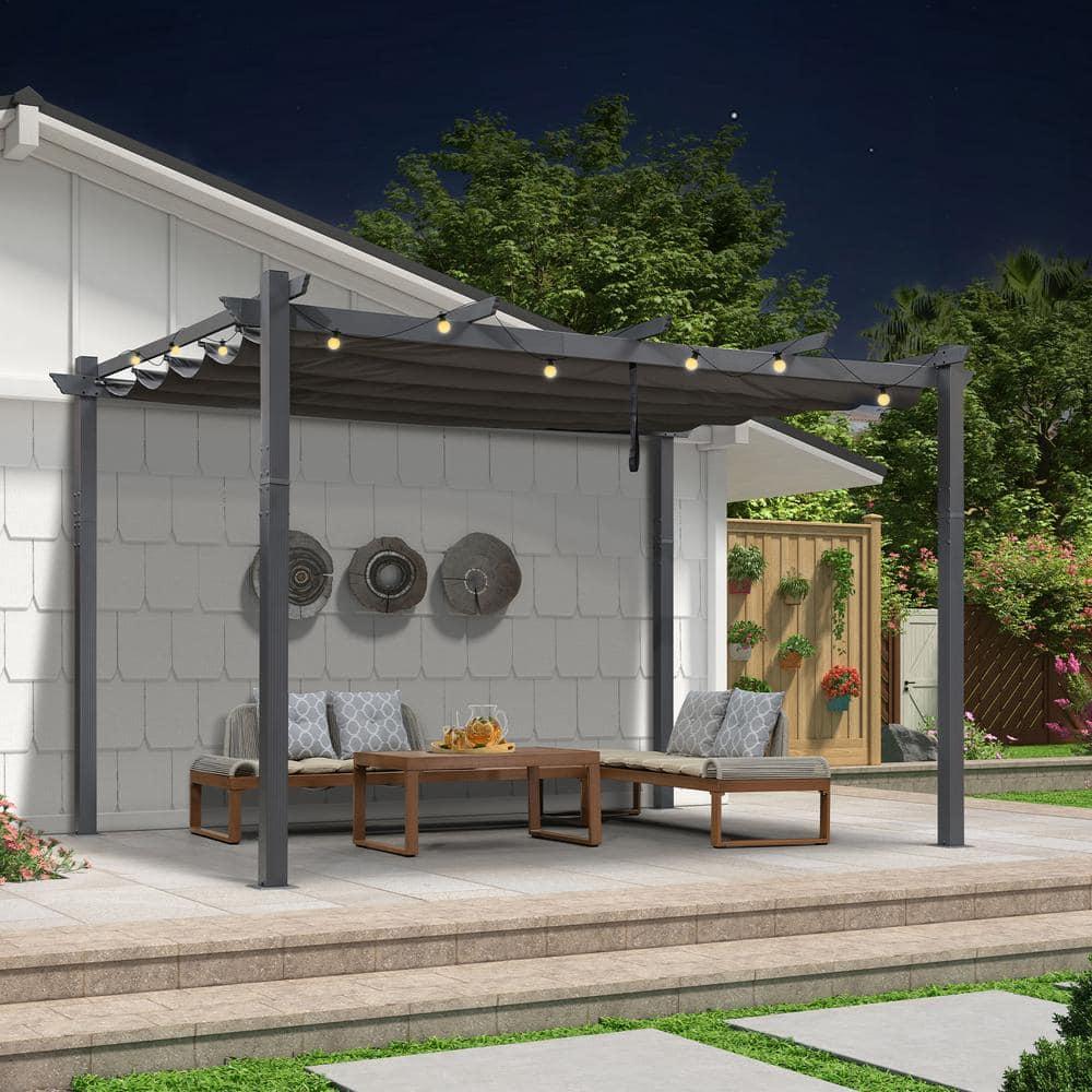 PURPLE LEAF Pergola 9.5' X 13' Outdoor Retractable Pergola Against The Wall with Sun Shade Canopy Aluminum Patio Pergola for Porch Garden Yard, Gray