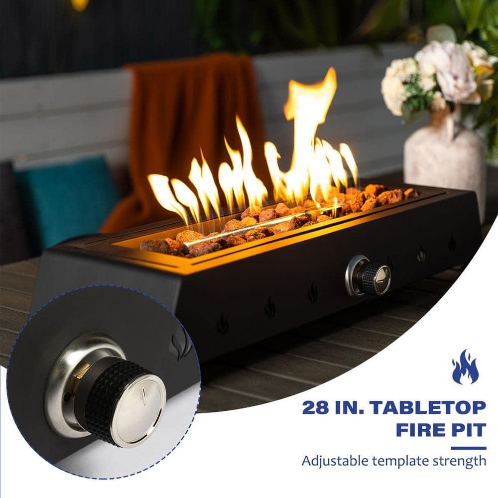 Tabletop Fire Pit with Quick Connect Joint, Glass Wind Guard and Lava Rock