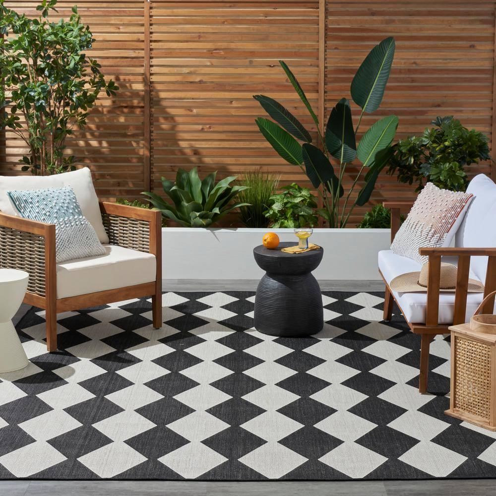Nourison Positano Retro Diamond Flatweave Indoor Outdoor Low Pile Area Rug Black 8' x 10'