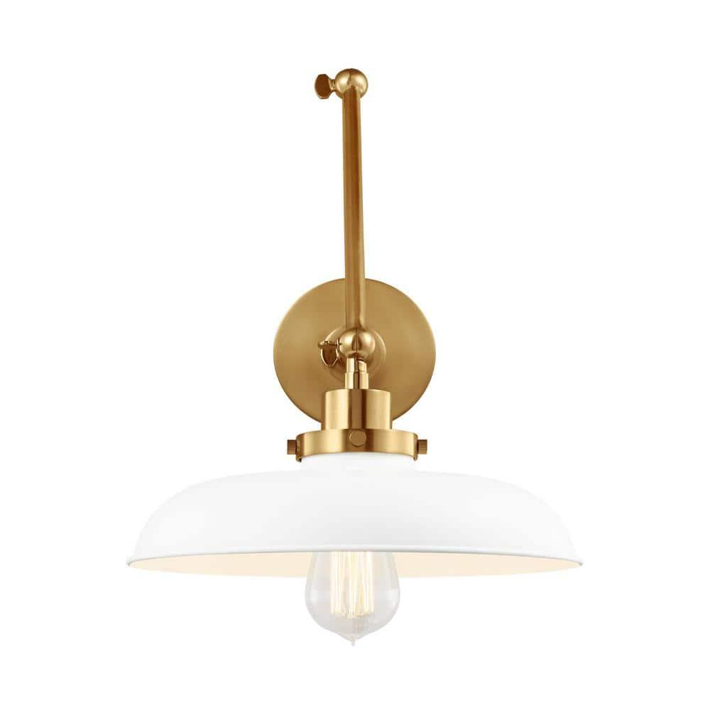 Matte White and Burnished Brass Double Arm Sconce