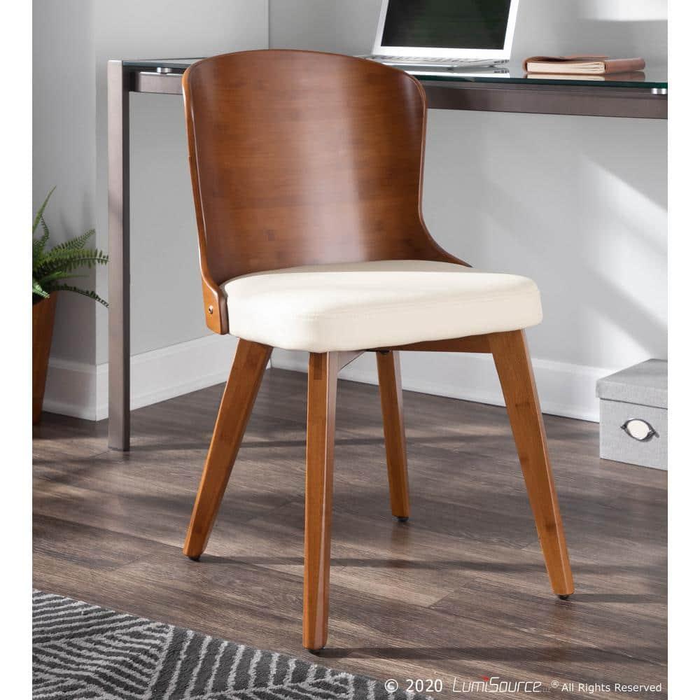 LumiSource Bocello Mid-Century Modern Chair Cream/Walnut: Faux Leather, Wood Frame, Floor Protectors