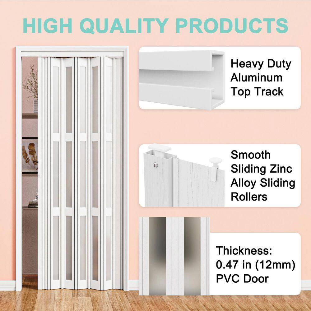 Upgrade Dual Layer Vinyl Accordion Door with Handles and Magnetic Door Lock, 4-Lite Frosted Acrylic Glass, White
