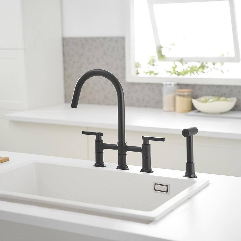 Double Handle Bridge Kitchen Faucet with Side Sprayer in Matte Black