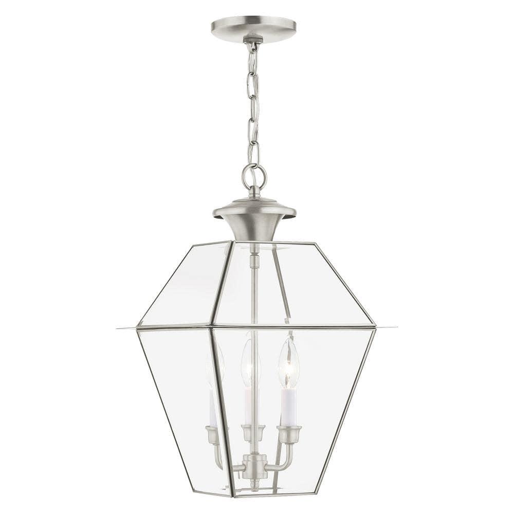 3 Light Outdoor Pendant Lantern in Farmhouse Style 12 inches Wide By 18.5 inches High-Brushed Nickel Finish Bailey Street Home 218-Bel-2255871