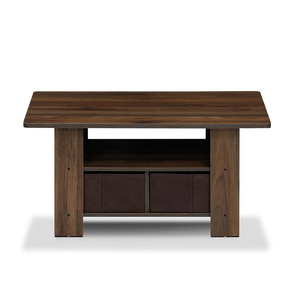FETON Andrey Coffee Table with Bin Drawer, Columbia Walnut/Dark Brown