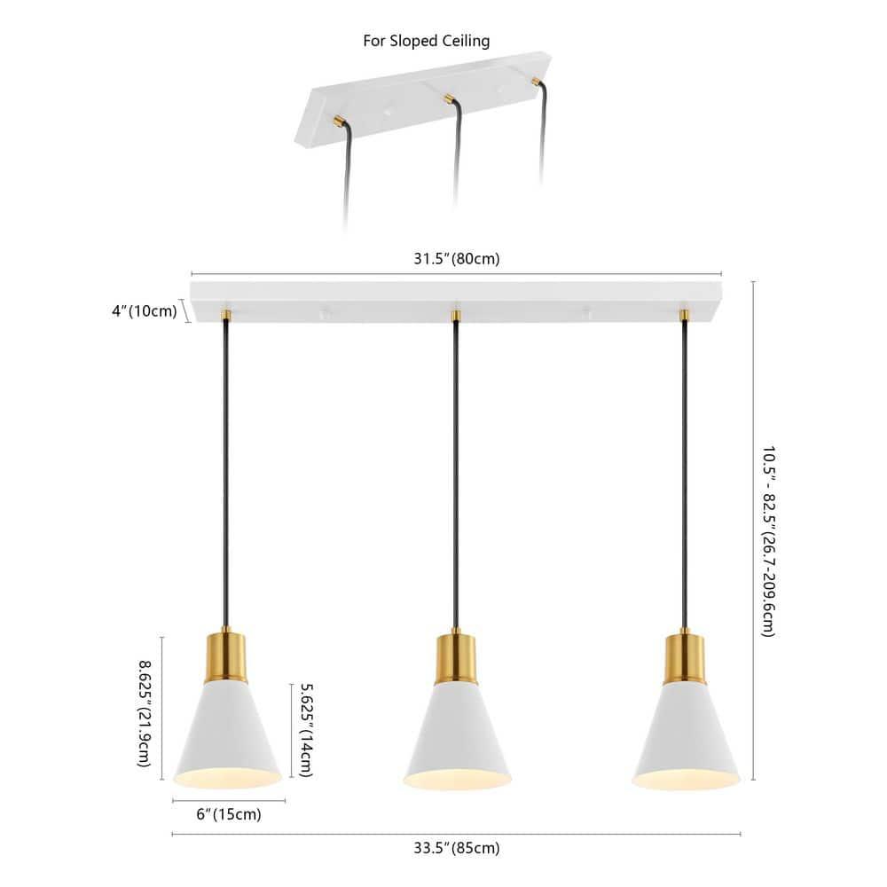 Apollo 33.5" 3-Light Mid-Century Modern Iron Adjustable Linear LED Pendant, White/Brass Gold