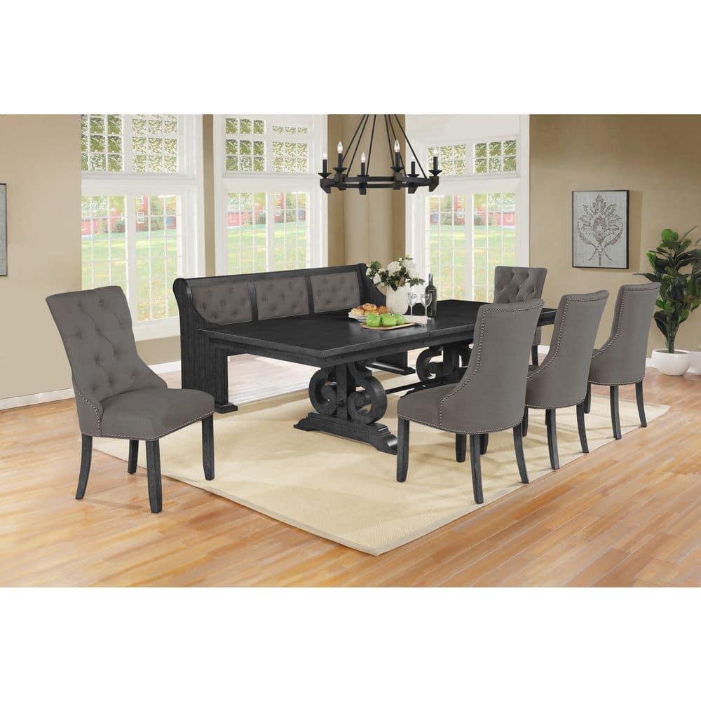 Dark Gray Wood Dining Set with Extendable Table + Gray Linen Chairs + Bench