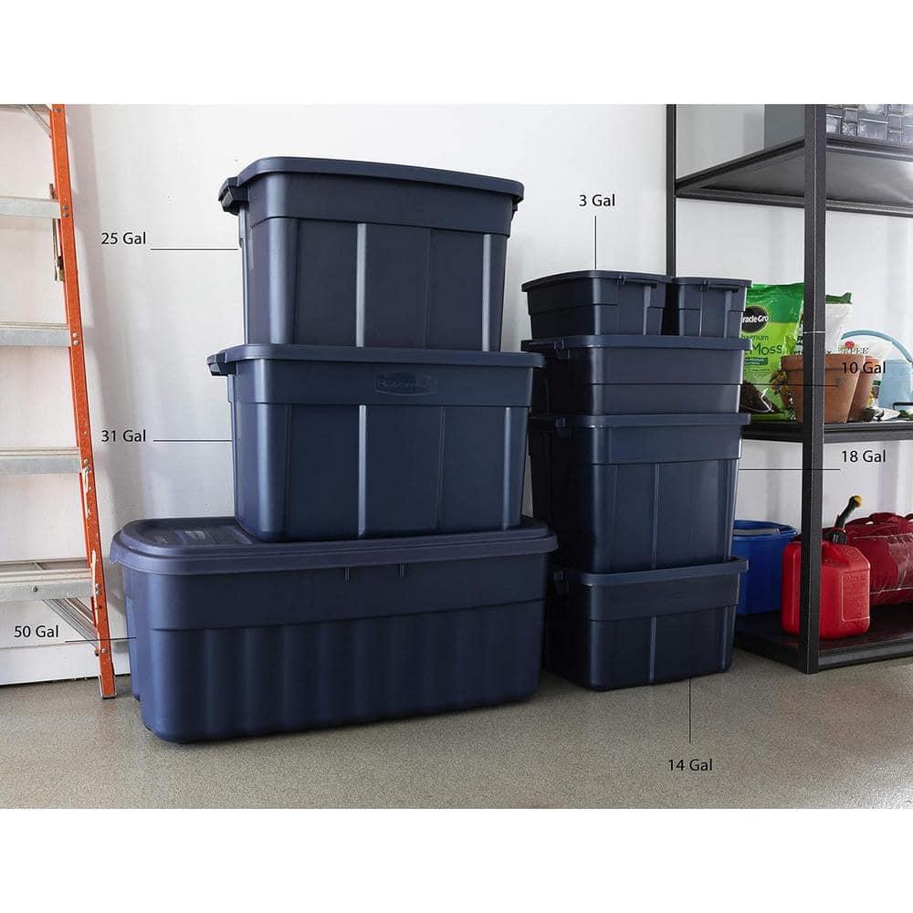 Rubbermaid Roughneck 25 Gallon Rugged Stackable Storage Container with Tight Lid for Indoor or Outdoor Home Organization, Dark Indigo Metallic, 4 Pack