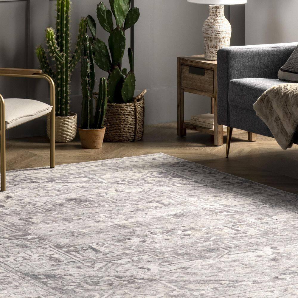 Nuloom 6 Square Machine Washable Rain Haven Vintage Medallion Indoor Area Rug, Grey Non-Slip Backing, Stain Resistant,  BedroomLiving Room, Kitchen