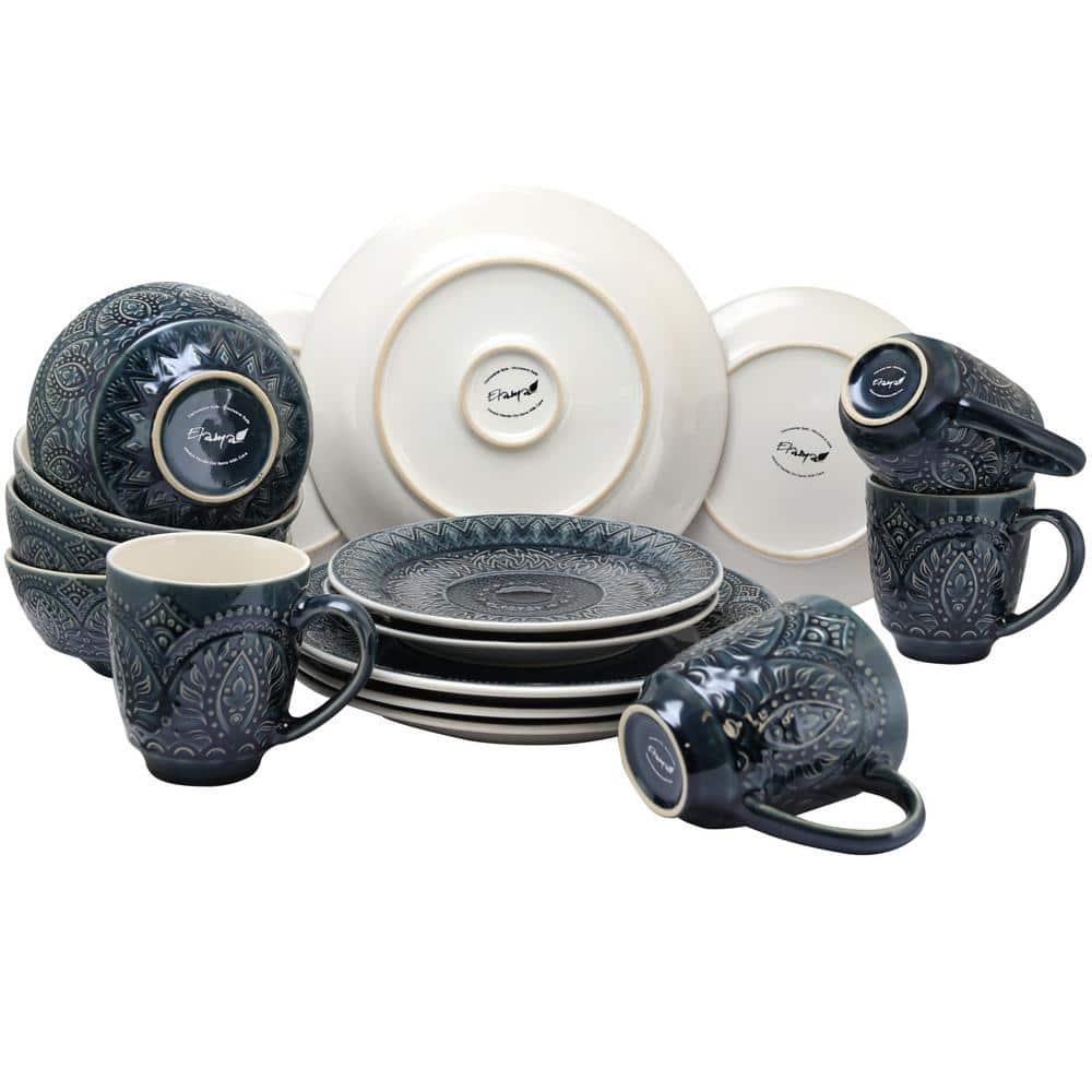 16pc Stoneware Mandala Embossed Dinnerware Set Blue - Elama: Classic Lace Pattern, Service for 4, Microwave & Dishwasher Safe