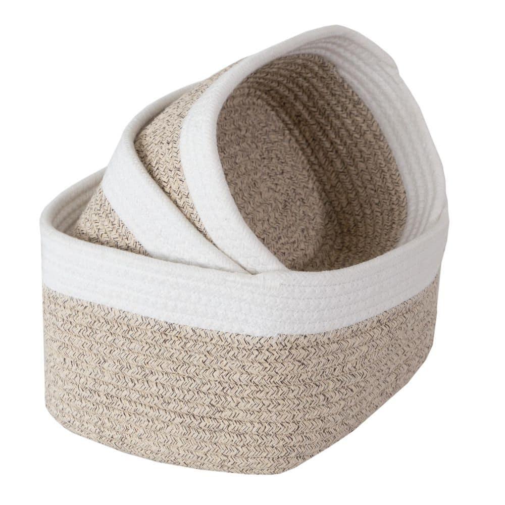 Home-Complete 3pc Storage Basket Set Natural: Cotton Square Decorative Bins for Shelves, Hand Wash, 12"x8.5"x5.5"