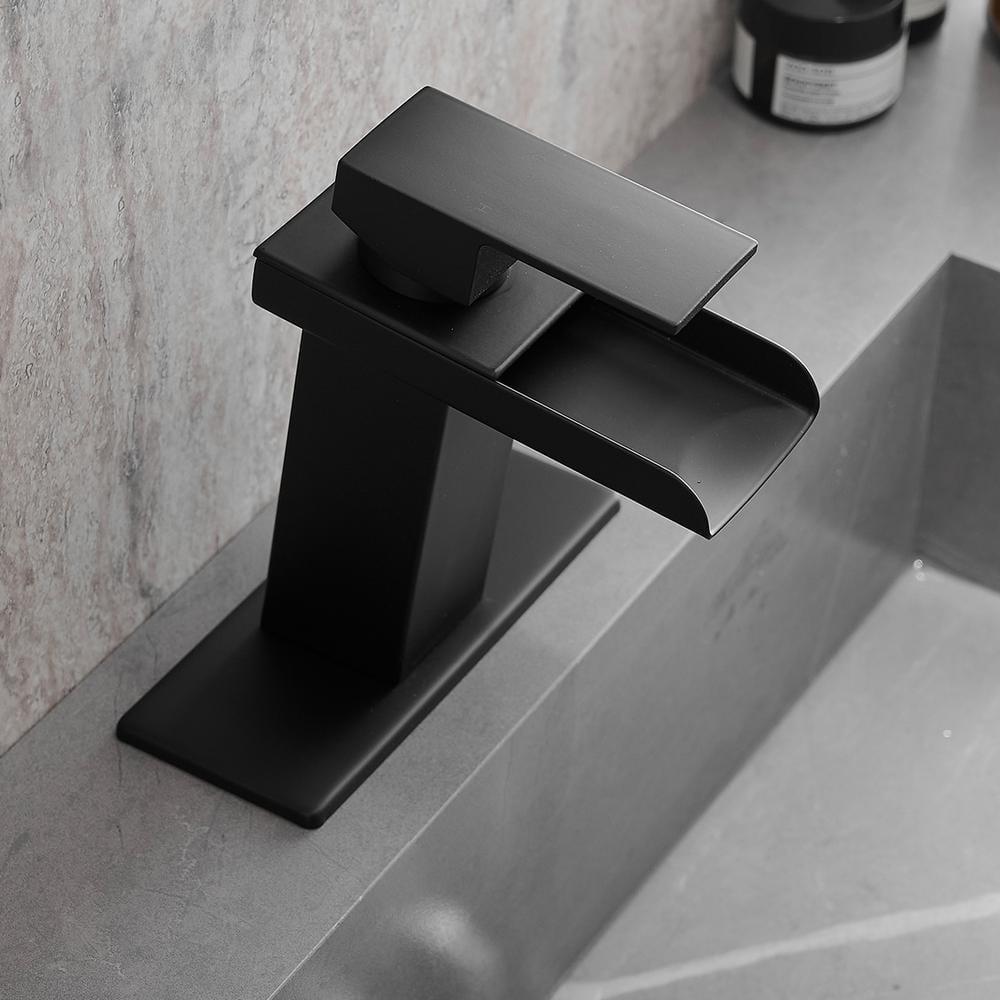 BWE Black Bathroom Faucet Waterfall Single Handle Bathroom Faucet One Hole Bathroom Sink Faucet with Supply Line Lavatory Vanity Mixer Tap Deck Mounted Matte Black