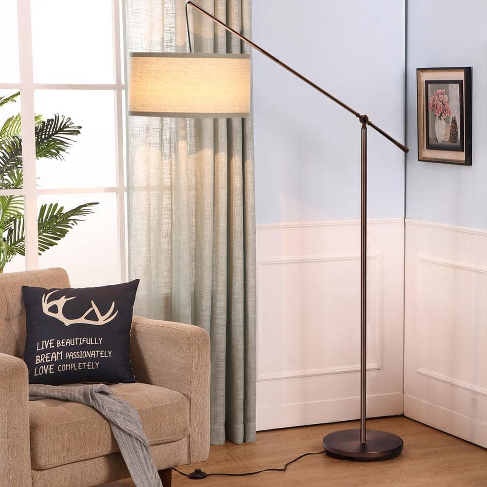 Brightech Hudson 70 in. Modern Height-Adjustable LED Tall Standing Floor Lamp with Beige Fabric Drum Shade