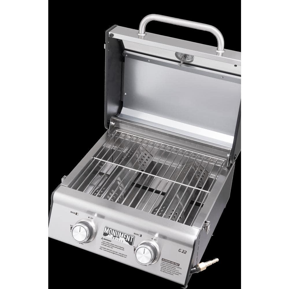 Monument Grills 13742,2-Burner Portable Stainless Steel Tabletop Propane Gas Grill with High Lid and Travel Locks, 15,000 BTU – Perfect for Family BBQs