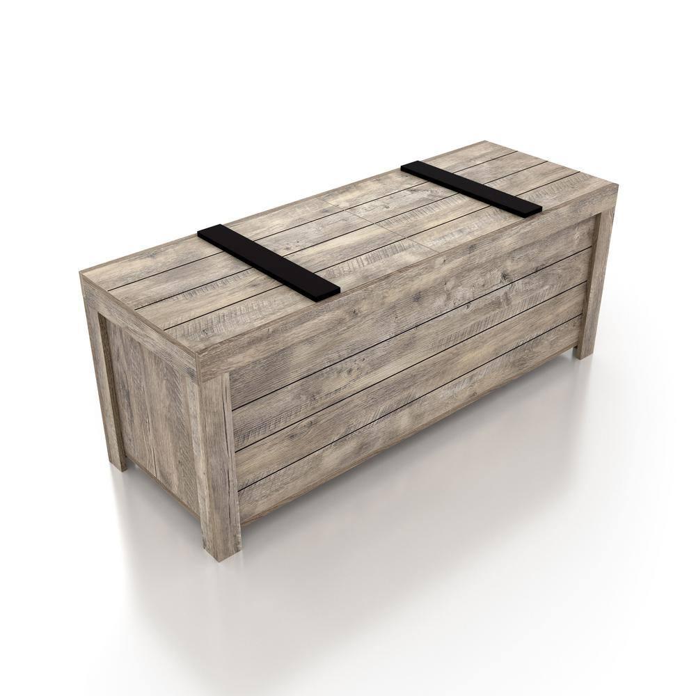 24/7 Shop At Home Mayhearn Farmhouse Storage Bench Weathered Oak: Slide Top, Wood Composite