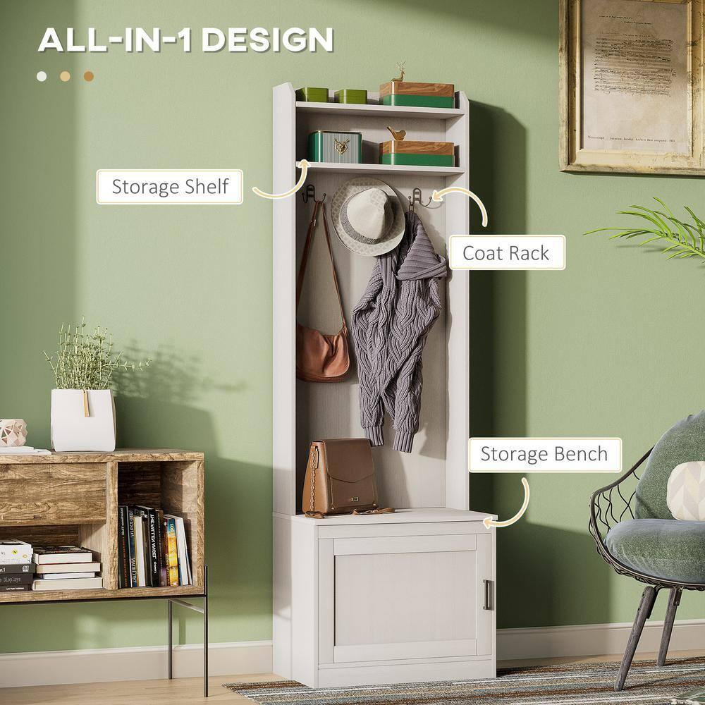 HOMCOM Rustic Hall Tree with Shoe Storage Bench, Entryway Bench with Coat Rack, Accent Coat Tree with Storage Shelves for Hallway, Mudroom, White