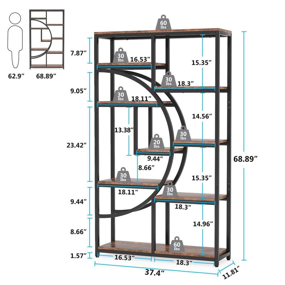Hommoo Industrial Bookshelf Bookcase with 8 Open Storage Shelf Rustic Brown & Black