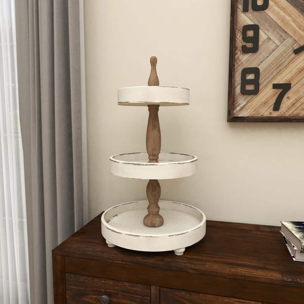 3 Tier Round Distressed Natural Wood Farmhouse Style Serving Trays - Olivia & May
