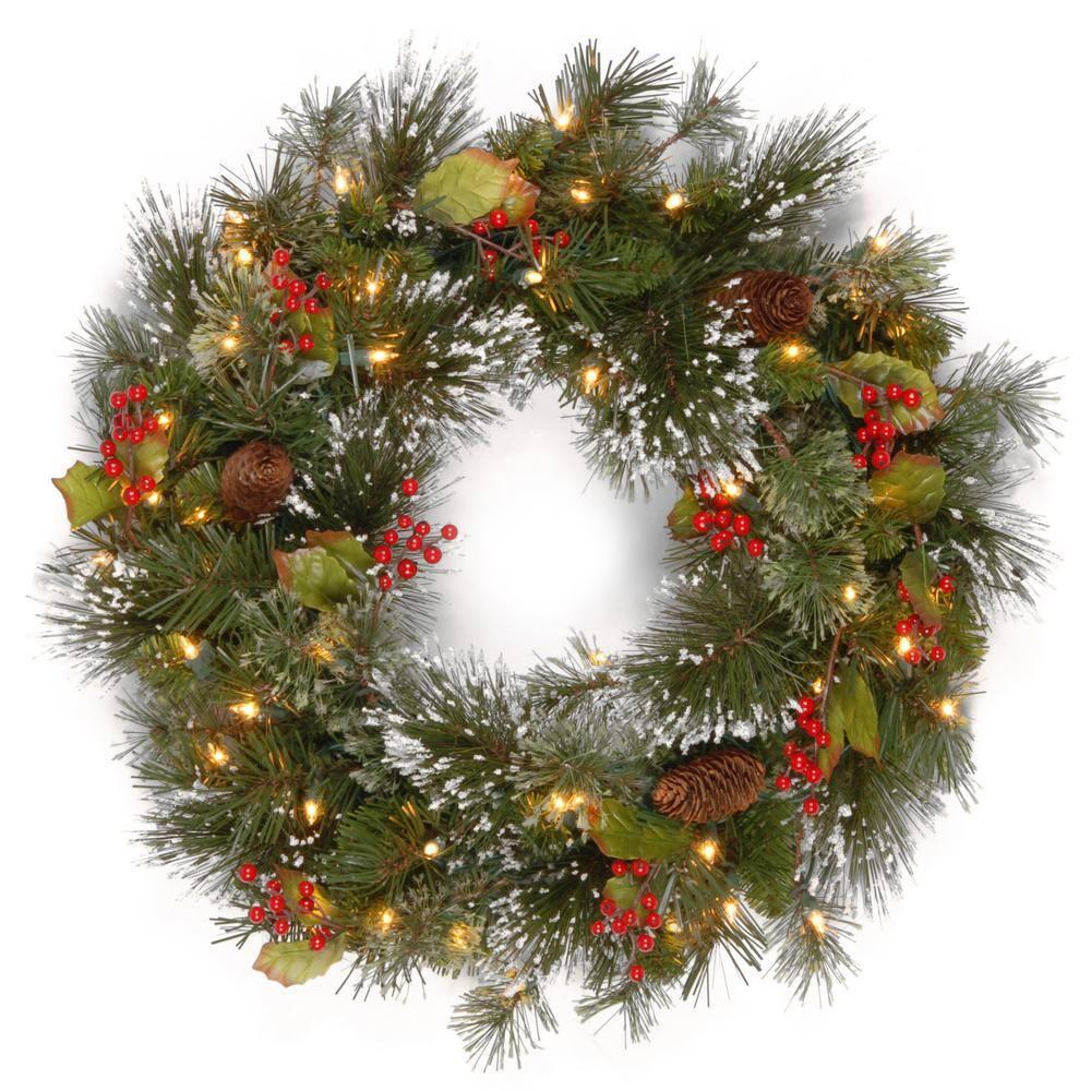 24" Prelit Flocked Crestwood Spruce Christmas Wreath with Cones White Lights - National Tree Company