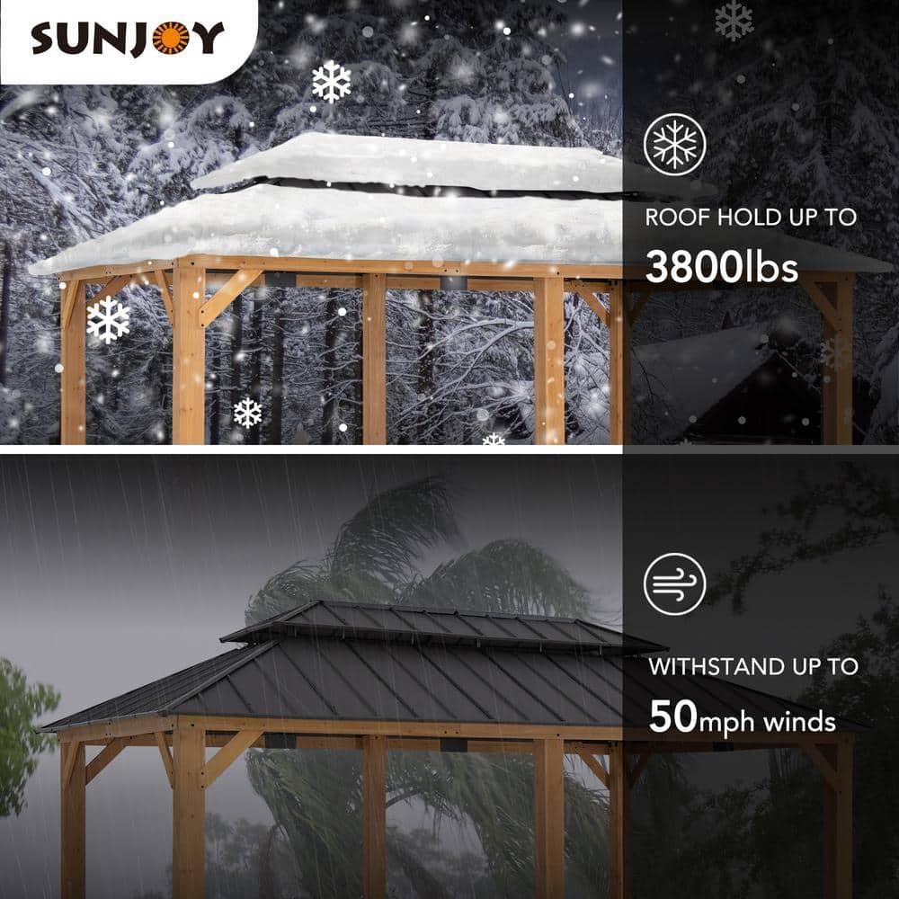 Sunjoy Sunjoy 12x20 ft. Wood Gazebo, Outdoor Patio Steel Hardtop Gazebo with 2-tier Metal Roof, Suitable for Patios, Lawn and Backyard, Matte Black Roof