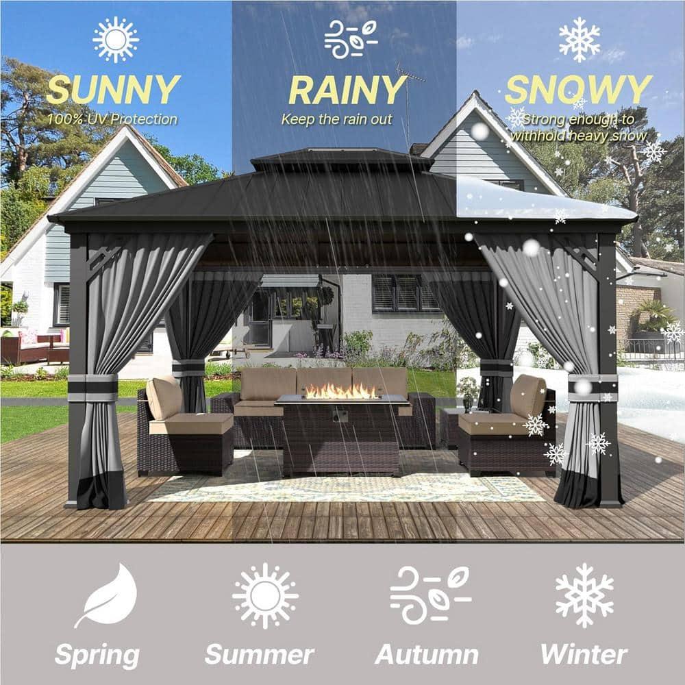 Kozyard Kozyard Alexander Gray Double Roof Hardtop Gazebo with Privacy Curtain Mosquito Netting