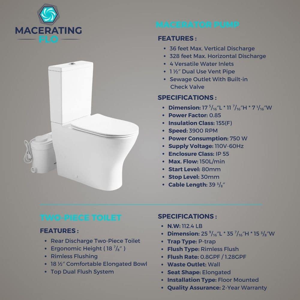 MaceratingFlo ARES 750W Upflush Toilet System, Elongated Bowl & 18" Comfort Height, 4-Inlet Ideal for Basements, Quiet & Efficient Macerator Pump Up to 36 Feet, Easy Installation