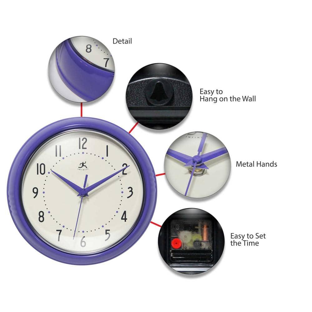 9.5" Retro Round Wall Clock Purple - Infinity Instruments: Indoor Decorative Timepiece for Kitchen