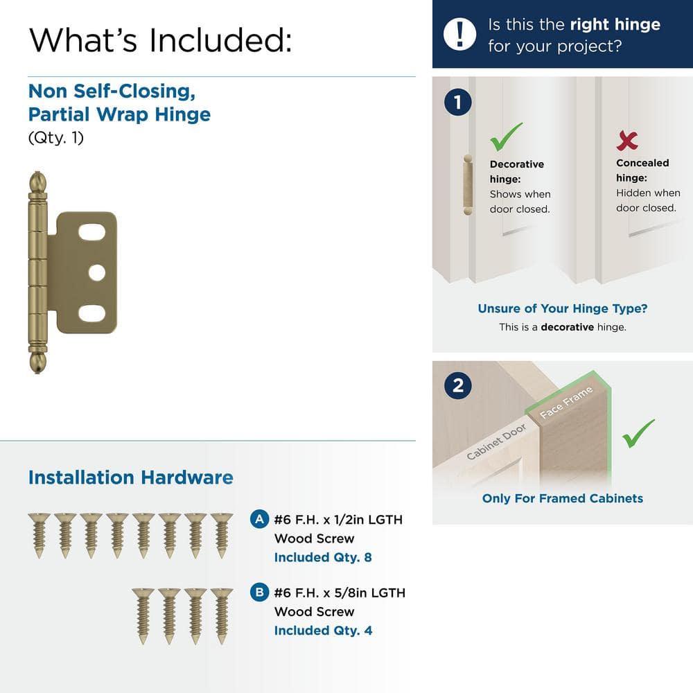 Golden Champagne 3/4 in. (19 mm) Door Thickness Full Inset, Partial Wrap Ball Tip Cabinet Hinge - Single Hinge