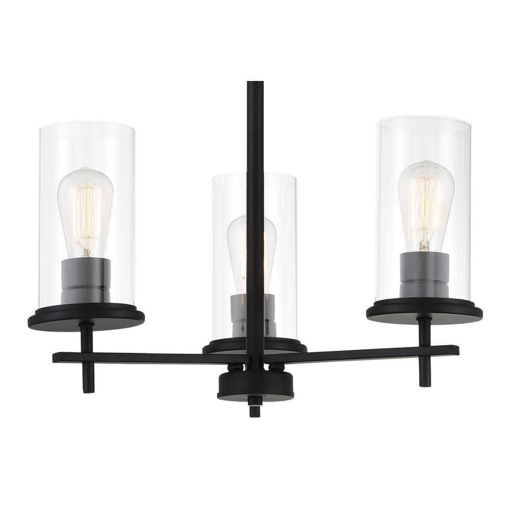 Coal Black 3-Light Glass Shade Chandelier with Clear Cylinder