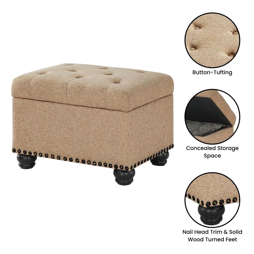 Designs4Comfort 5th Avenue Storage Ottoman in Beige Tan Fabric & Nail Head Trim