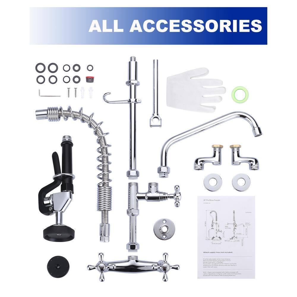 26 in. Commercial 3-Handle Pull Down Kitchen Faucet Wall Mount with Pre Rinse Sprayer in Chrome