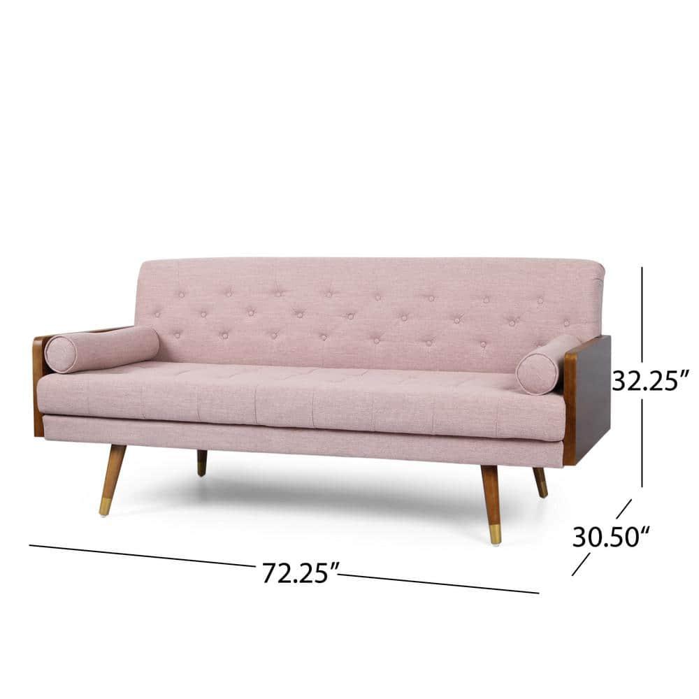 Noble House Nathanial Tufted Fabric Sofa, Light Blush and Dark Walnut