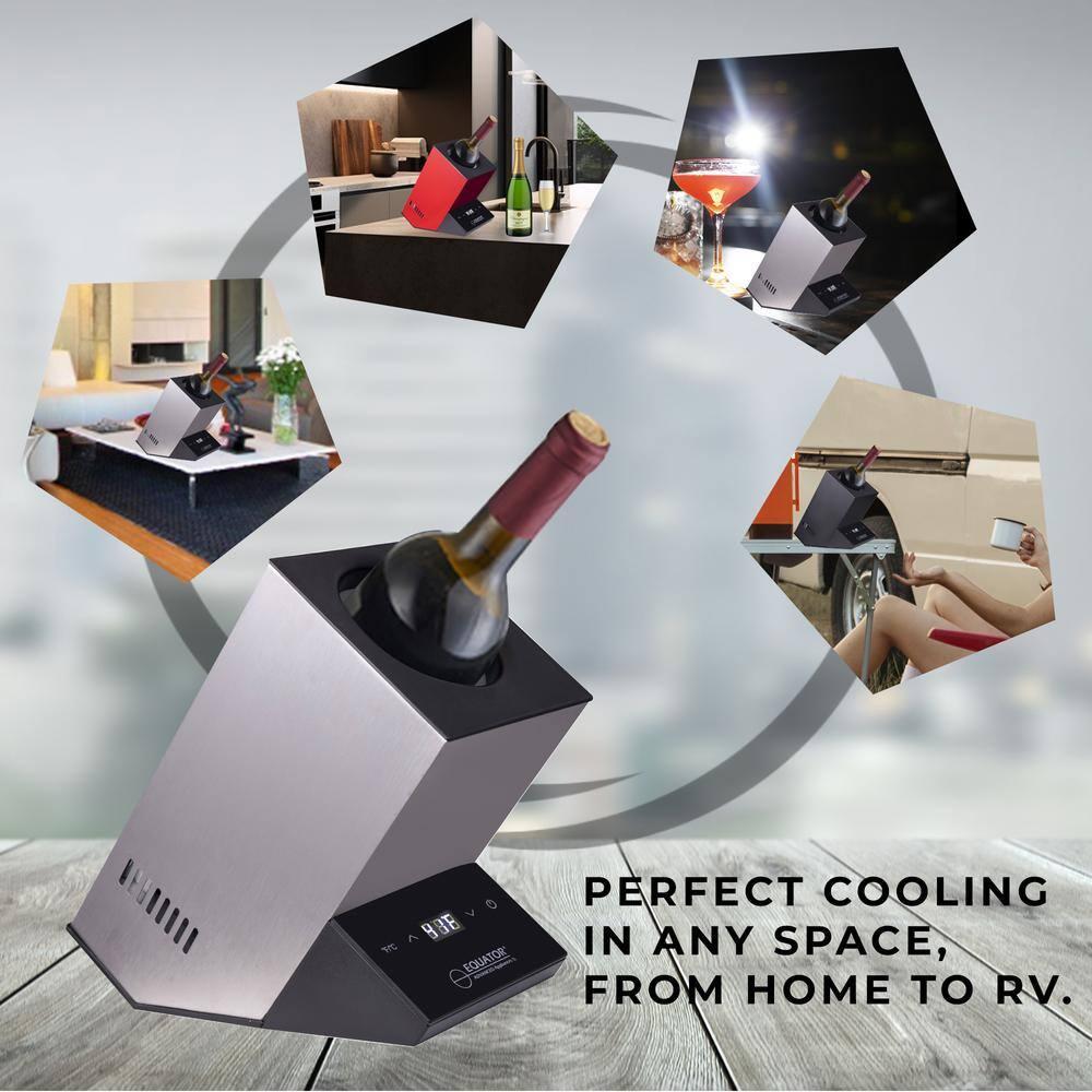 Equator Advanced Appliances Equator 110V/12V Portable Electric Wine Chiller for Red, White, Champagne, and Water Bottles, 750mL Single Bottle Cooler, Stainless Body, Rechargeable, 24h Cold, Ideal for Parties & Gifts