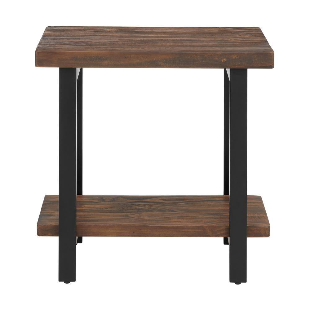 Pomona Solid Wood and Metal End Table with Shelf - Alaterre Furniture: Rustic Design, Fixed Shelf, Rectangle Shape