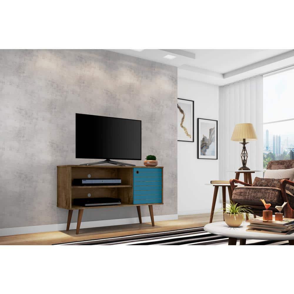 Liberty Mid-Century Modern 2 Shelves and 1 Door TV Stand for TVs up to 46" Rustic Brown/Aqua Blue - Manhattan Comfort