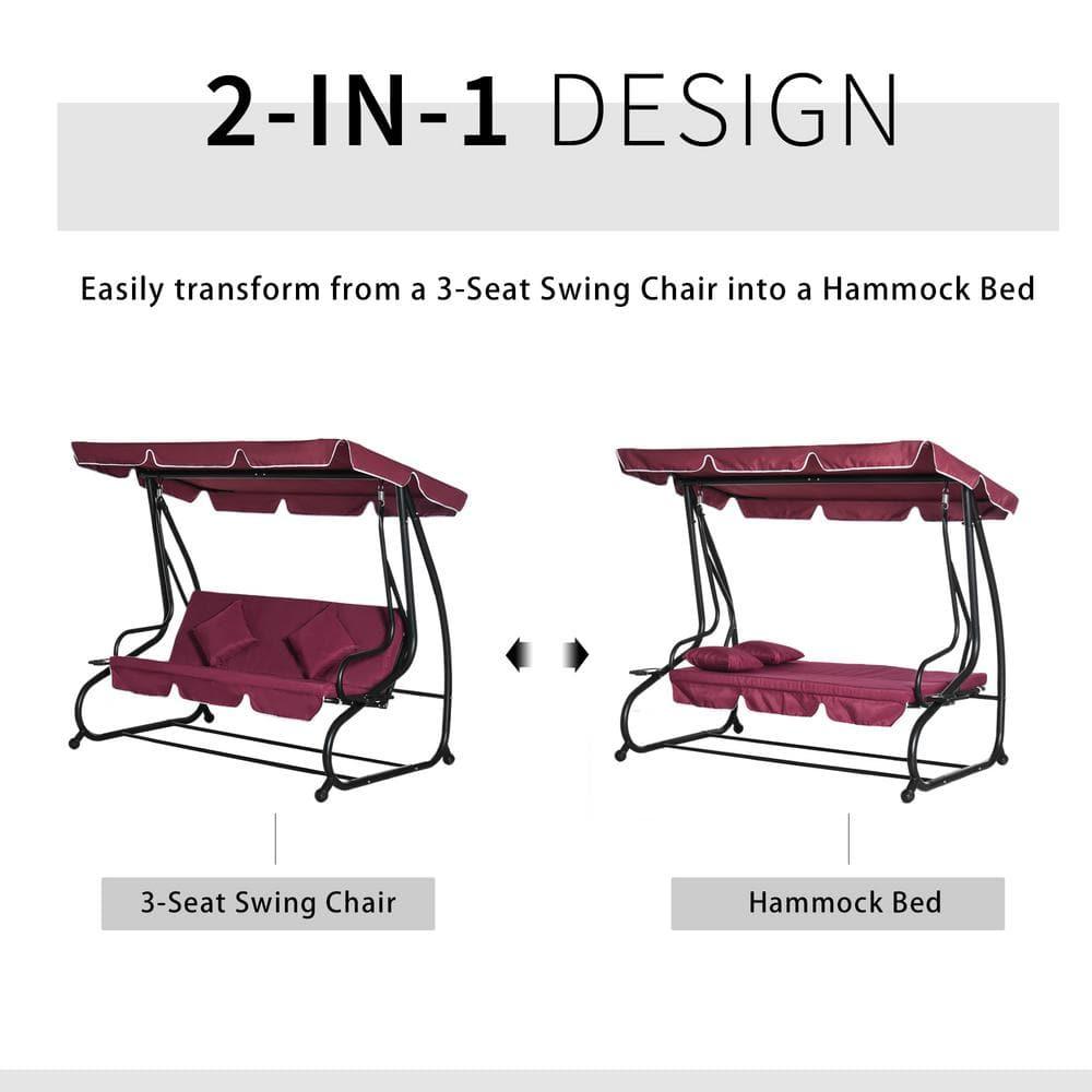 Outsunny 3 Seat Outdoor Free Standing Swing Bench Porch Swing with Stand, Comfortable Cushioned Fabric & Included Canopy, Red